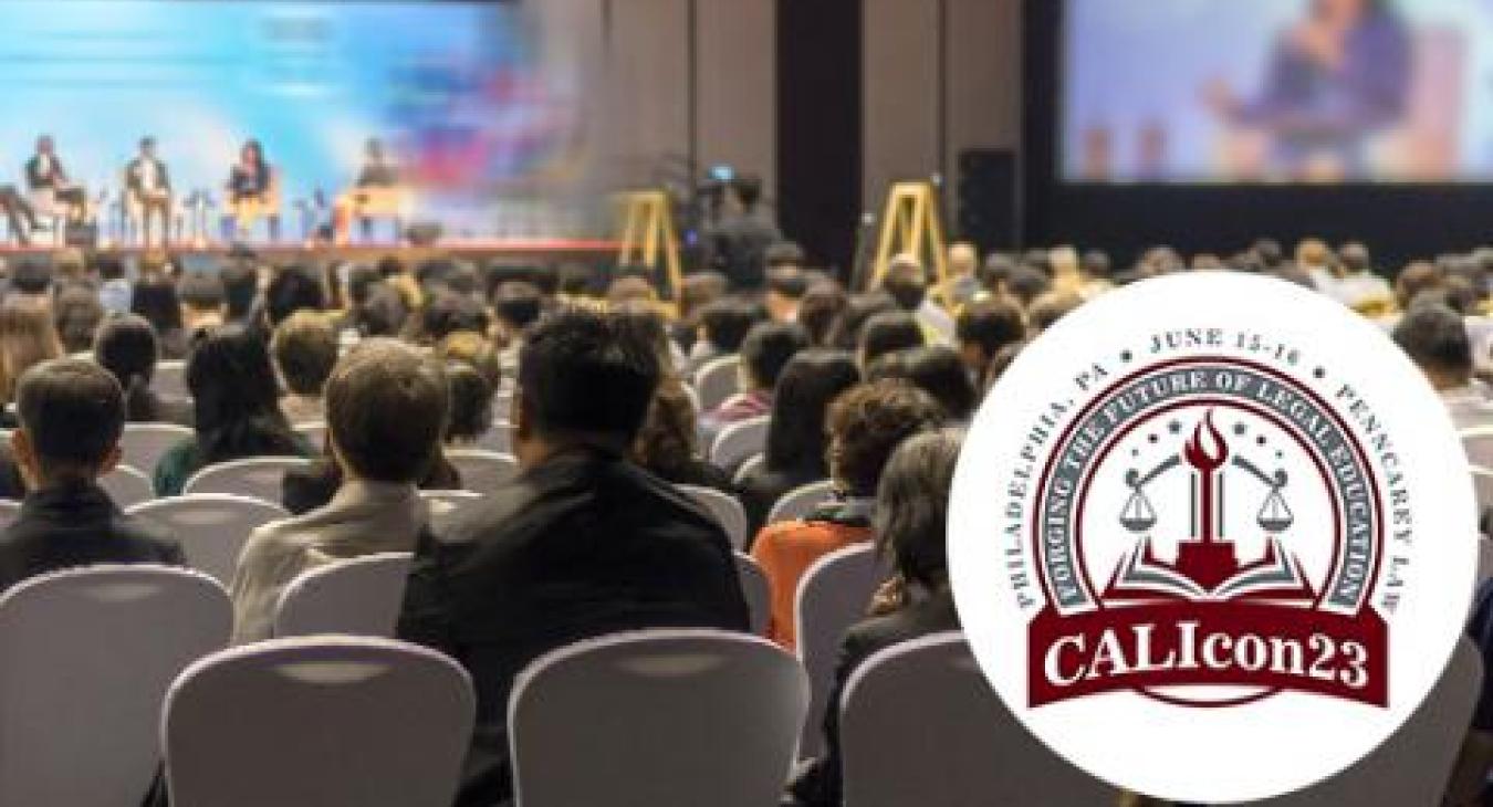 A photo of a general conference session with the CALIcon23 logo superimposed in the lower right hand corner.